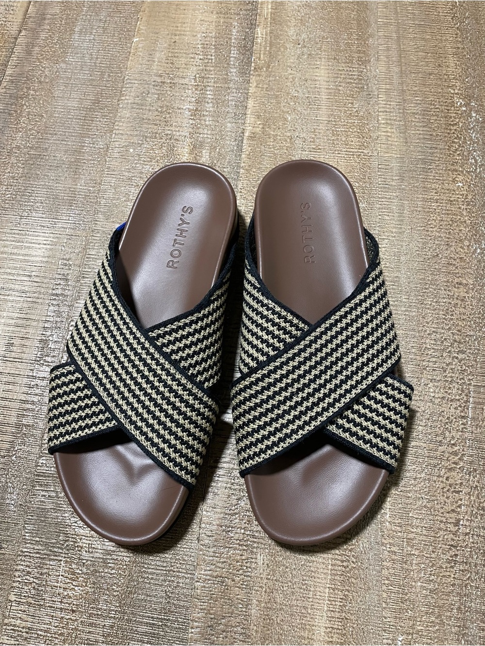 Rothy's Brown Footbed Tan & Black Woven Cross-Strap Slides